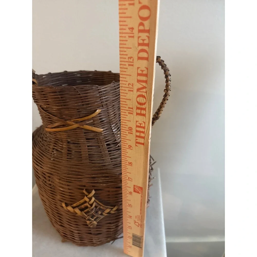 Vintage Hand Woven Wicker Amphora Basket Vase Dual Handles Dark Brown 12 Inch